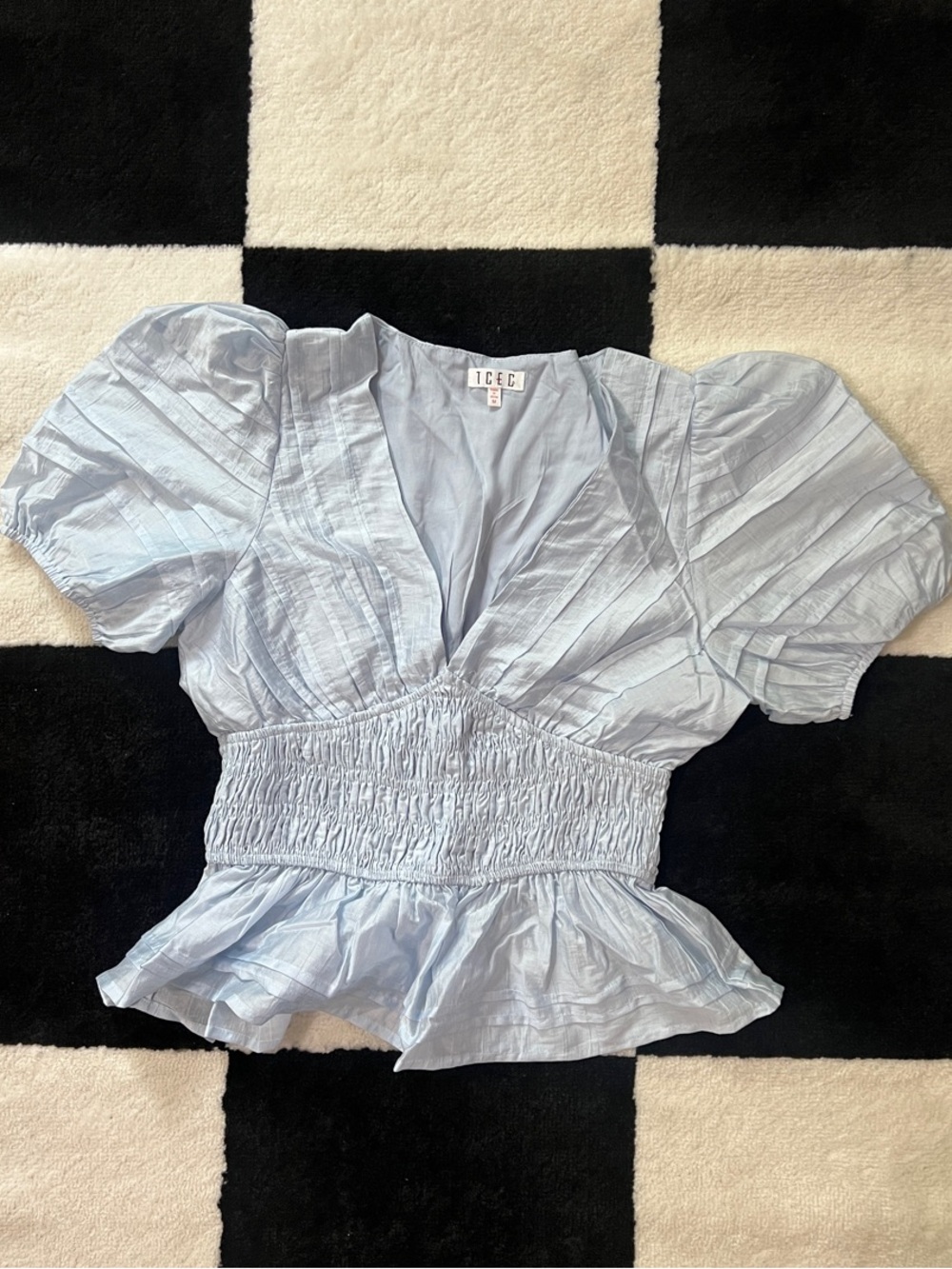 TCEC Pale Blue Puff Sleeve Smocked Peplum Blouse